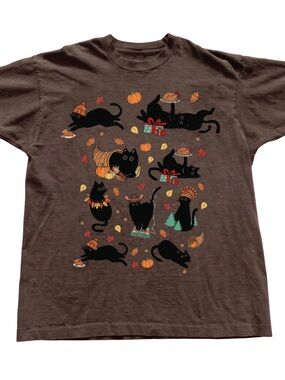 Gildan Brown Tee with Black Cat Fall Graphic